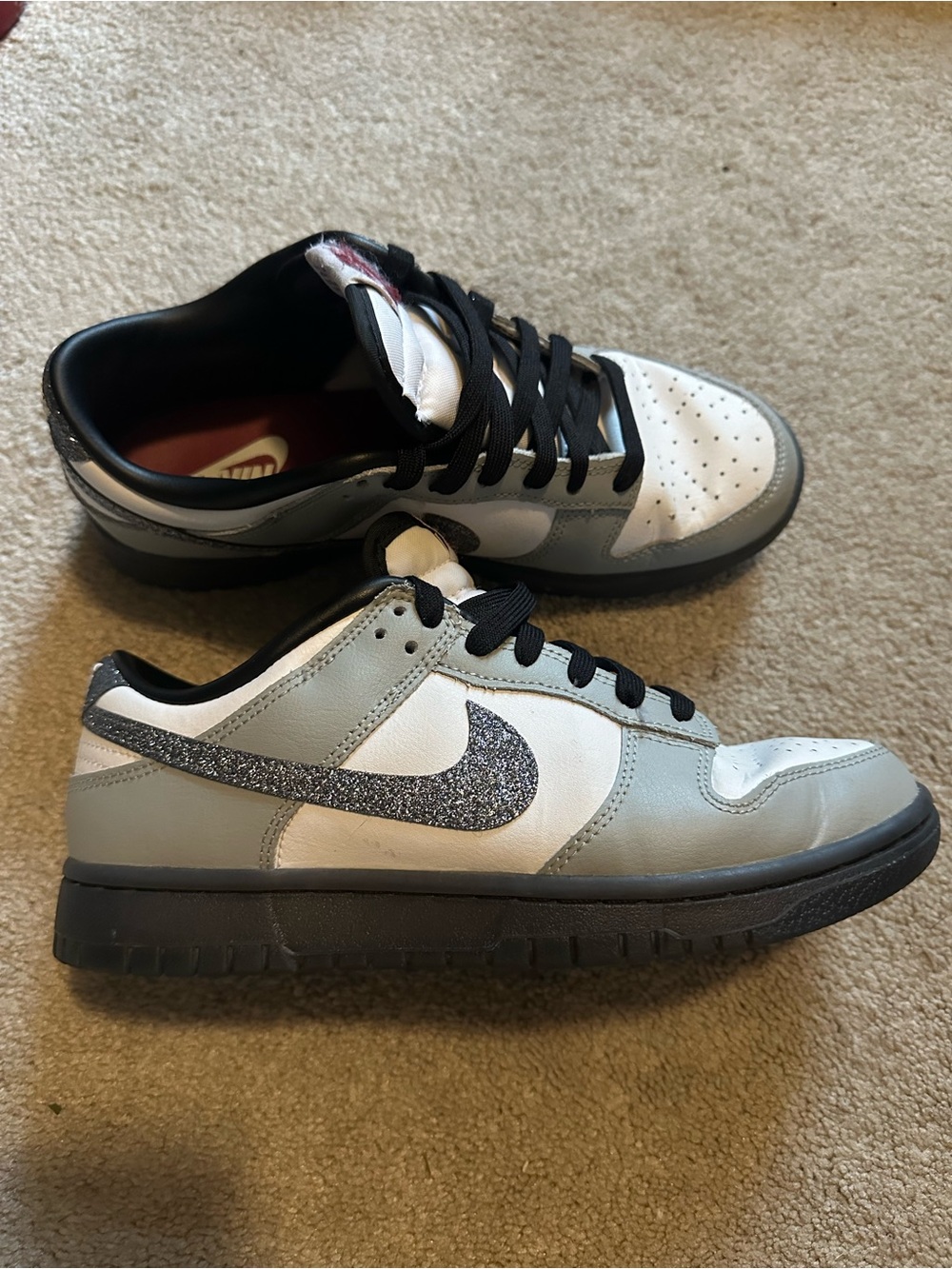 Nike Dunks Gray, White & Black with Glitter Swoosh